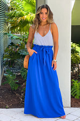 Royal Blue Striped Maxi Dress with Paper Bag Waistline