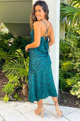 Teal Printed Midi Dress With Lace Detail