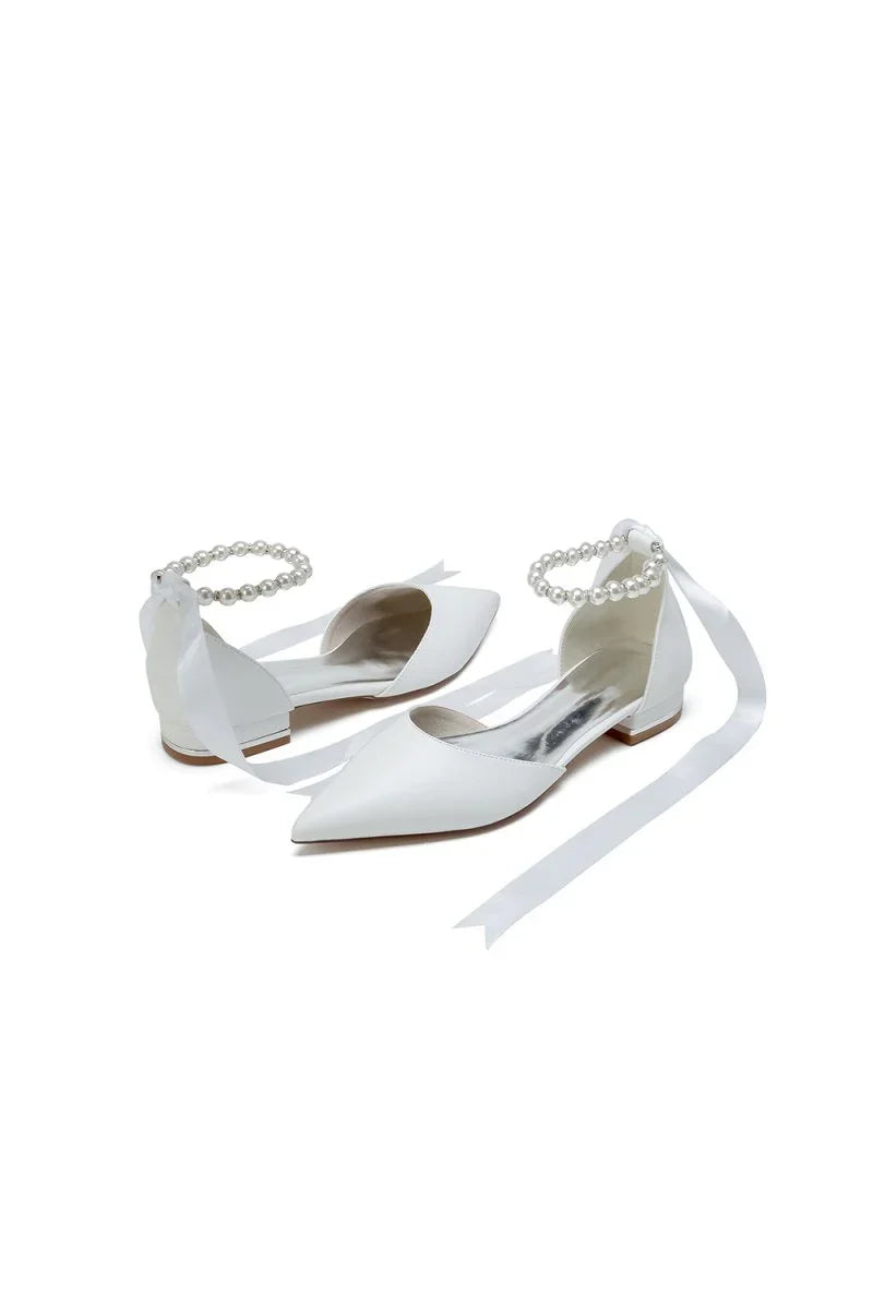 Pointed Toe Ankle Strap Pearl Beaded Ivory Ribbons Low Heels