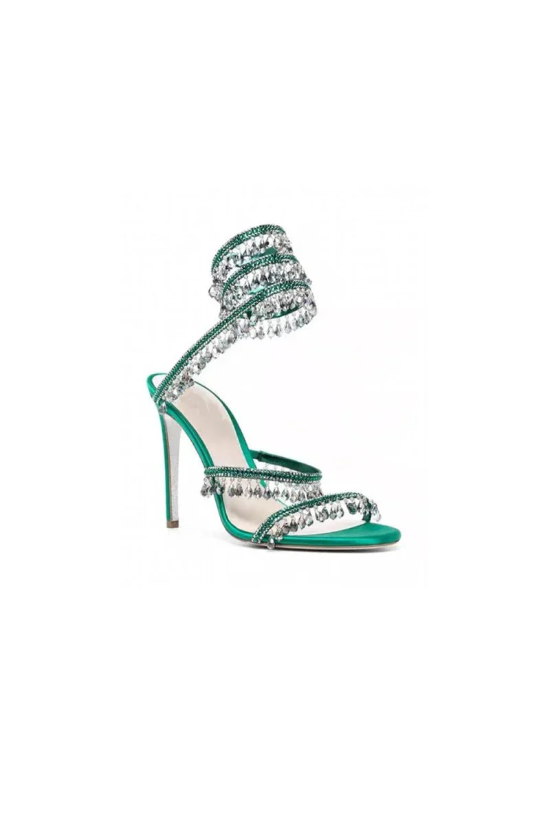 Open Toe Ankle Wrap Beaded Crystal Stiletto Heels