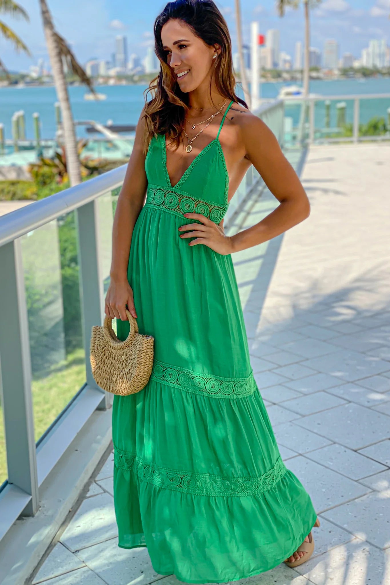 Green Crochet Waist Maxi Dress