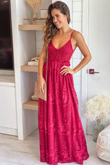 Burgundy Lace Maxi Dress With Crochet Top