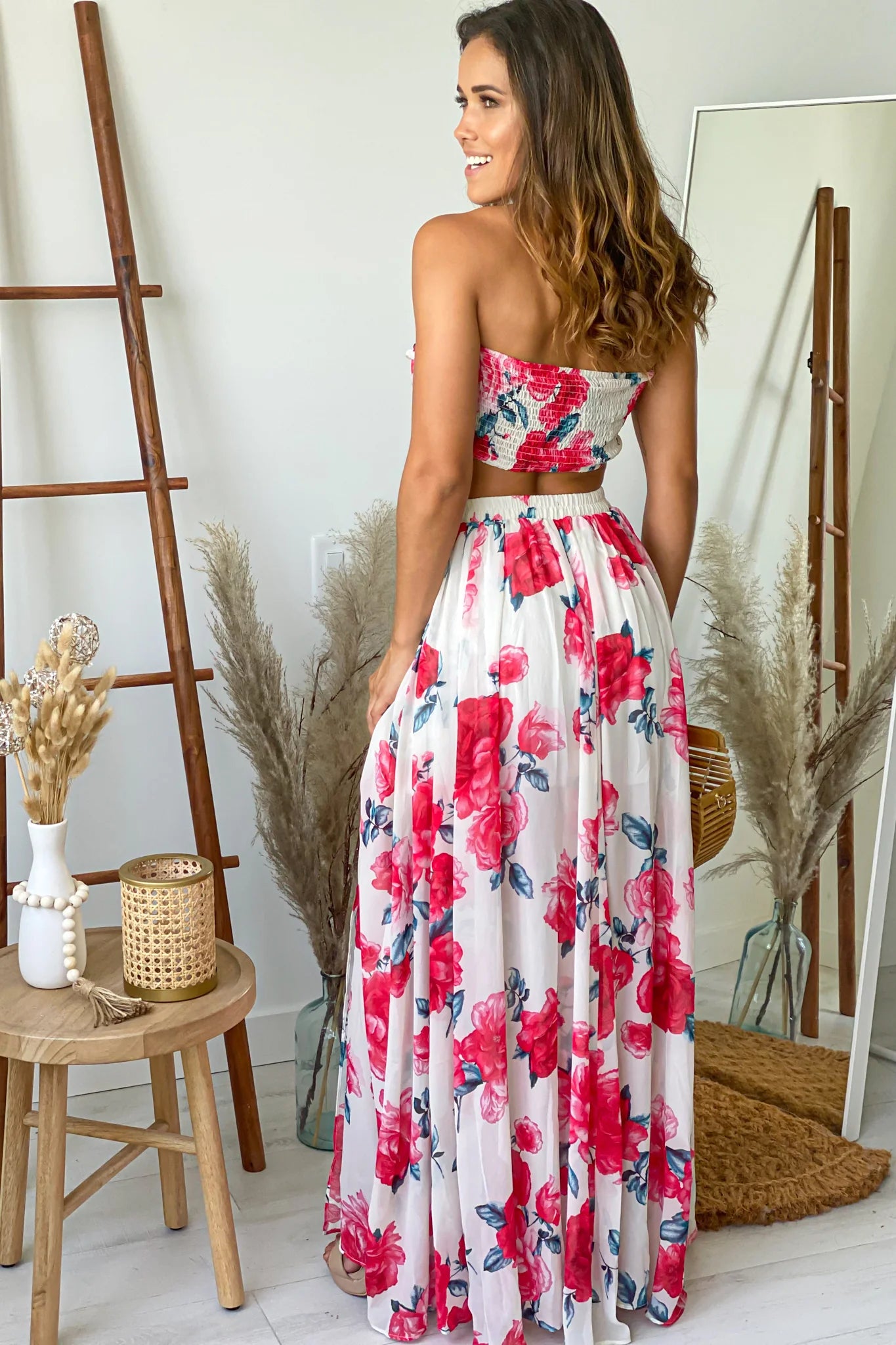 Ivory and Red Floral Skirt and Top Set