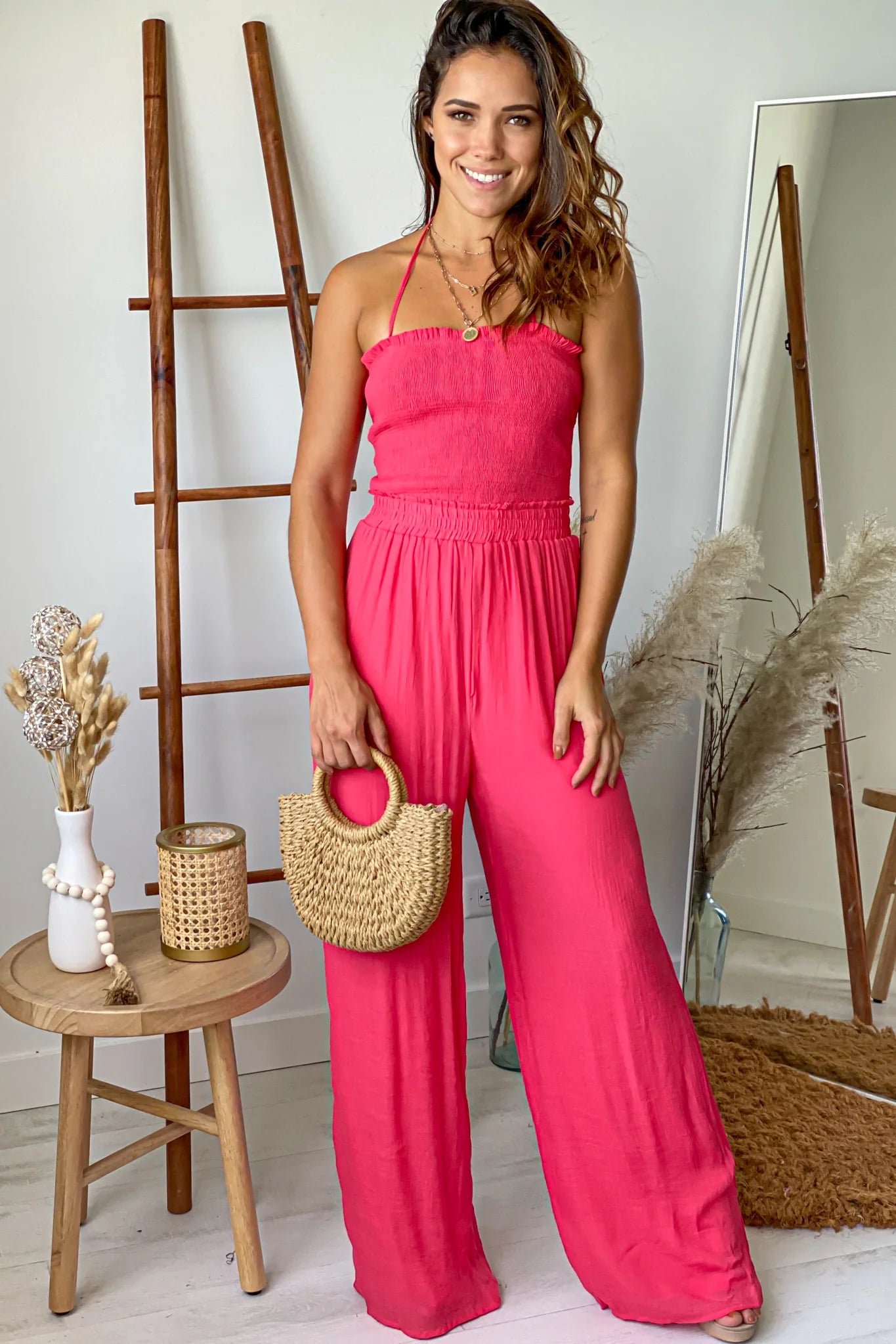 Coral Strapless Jumpsuit With Smocked Top