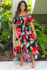 Black Printed High Low Dress