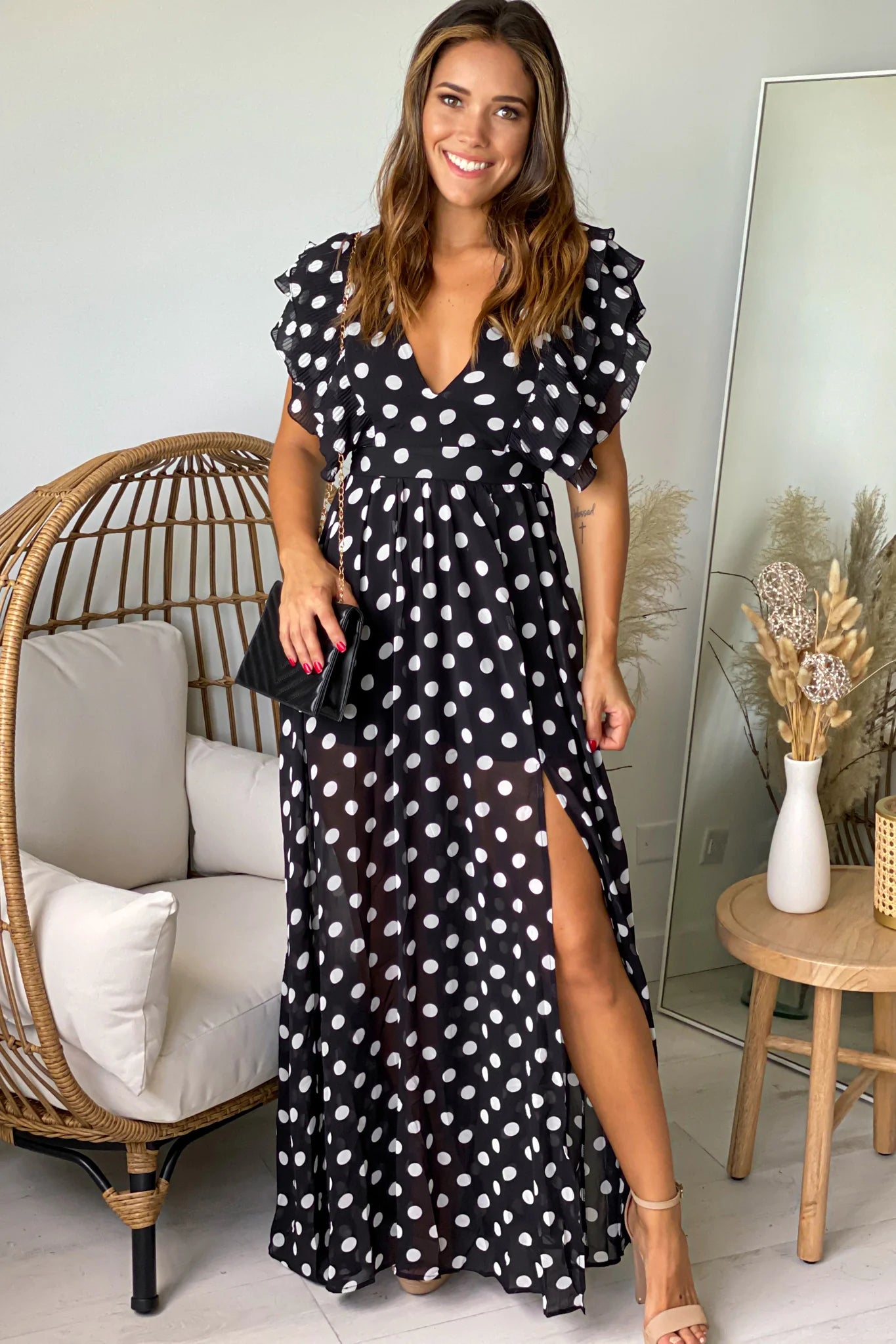 Black And White Polka Dot Maxi Dress With Slit