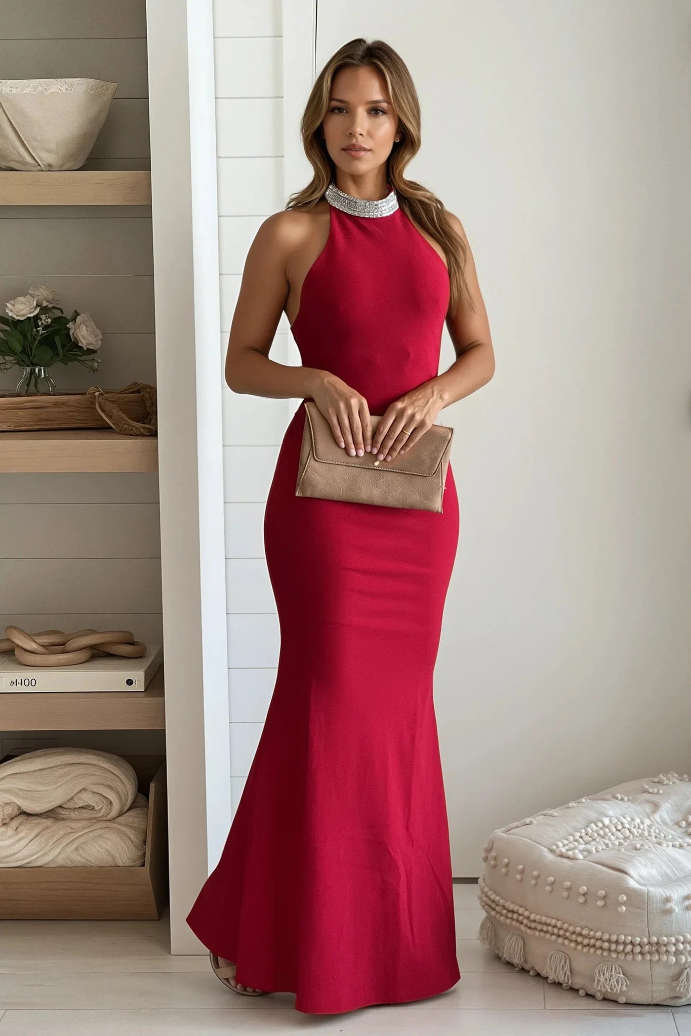 Red Rhinestone Halter Backless Maxi Dress