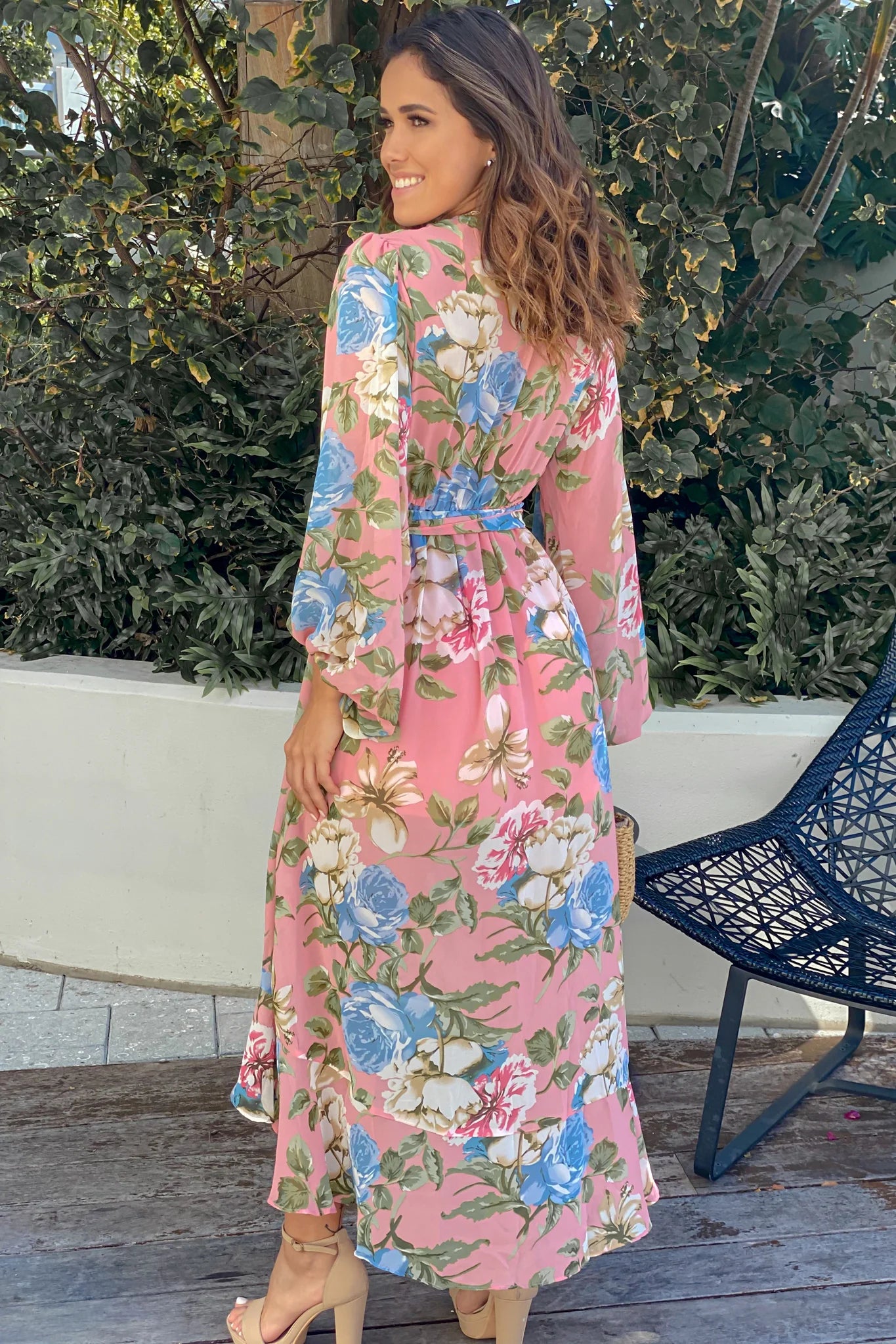 Pink Floral High Low Dress with Long Sleeves