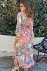 Pink Floral High Low Dress with Long Sleeves