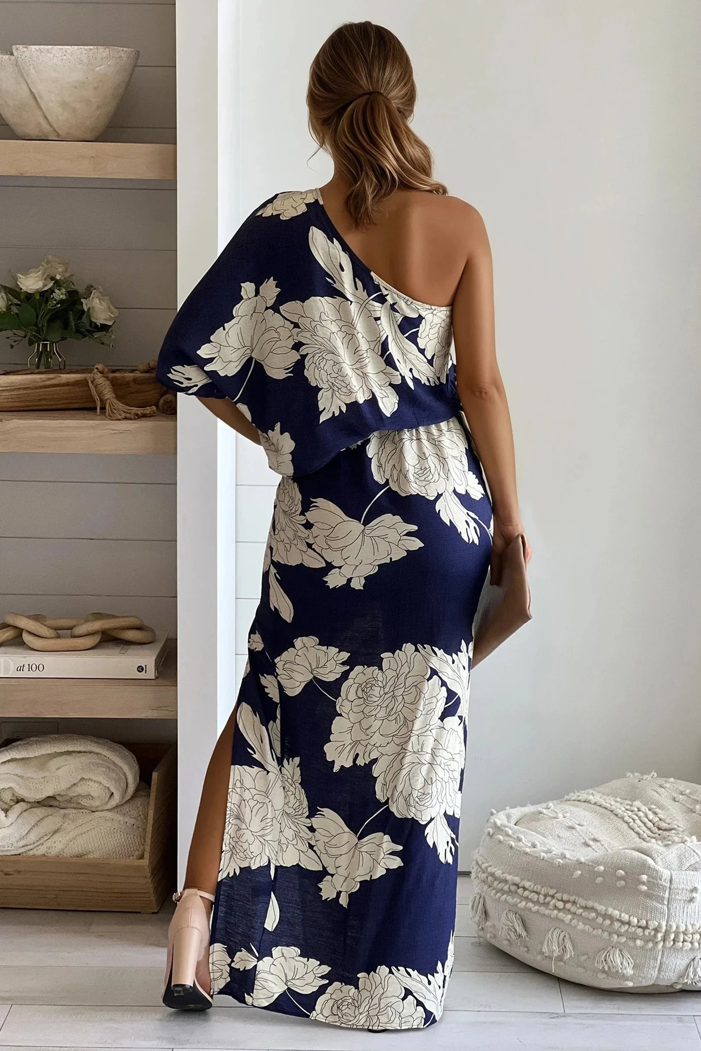 Navy And Cream Printed One Shoulder Dress