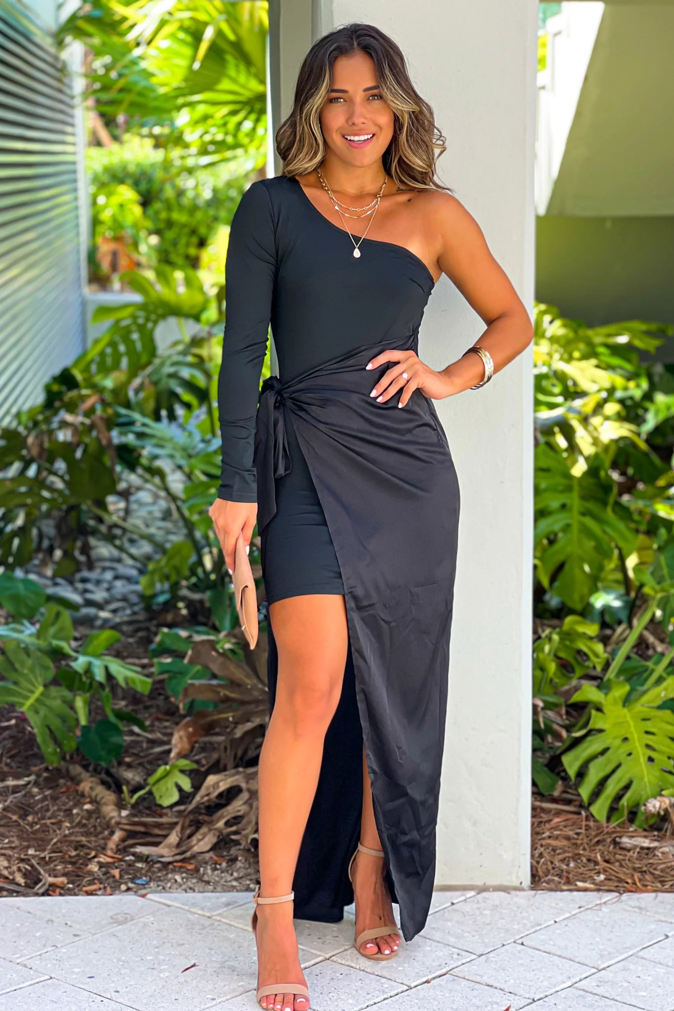 Black One Shoulder Maxi Dress With Tie