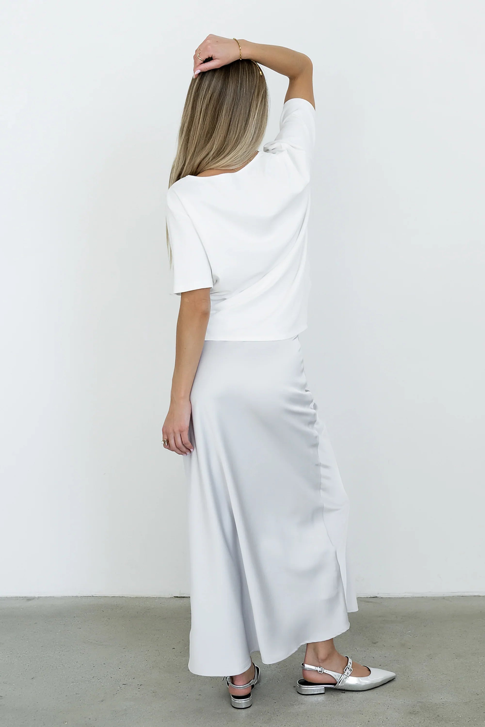 Tory Satin Maxi Skirt in Silver