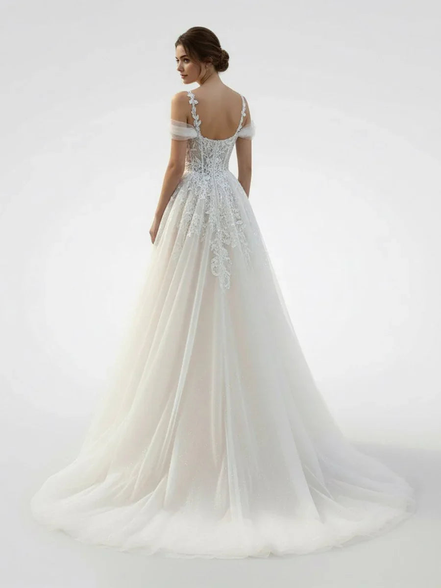A Line Off The Shoulder Tulle Wedding Dresses With Appliques Lace