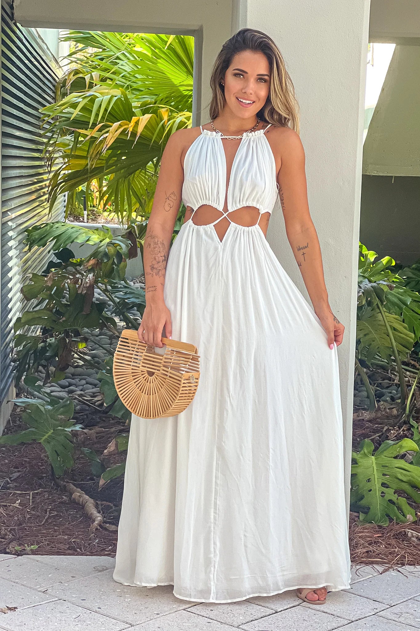 Off White Maxi Dress With Cut Out