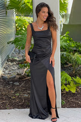Black Square Neck Satin Maxi Dress