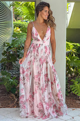 Pink Mesh Floral V Neck Maxi Dress
