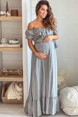 Sage Off Shoulder Waist Tie Maternity Maxi Dress