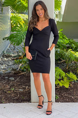 Black Midi Dress With 3 4 Sleeves And Pockets