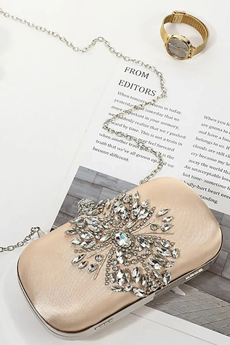 Beige Rhinestones Square Party Handbag