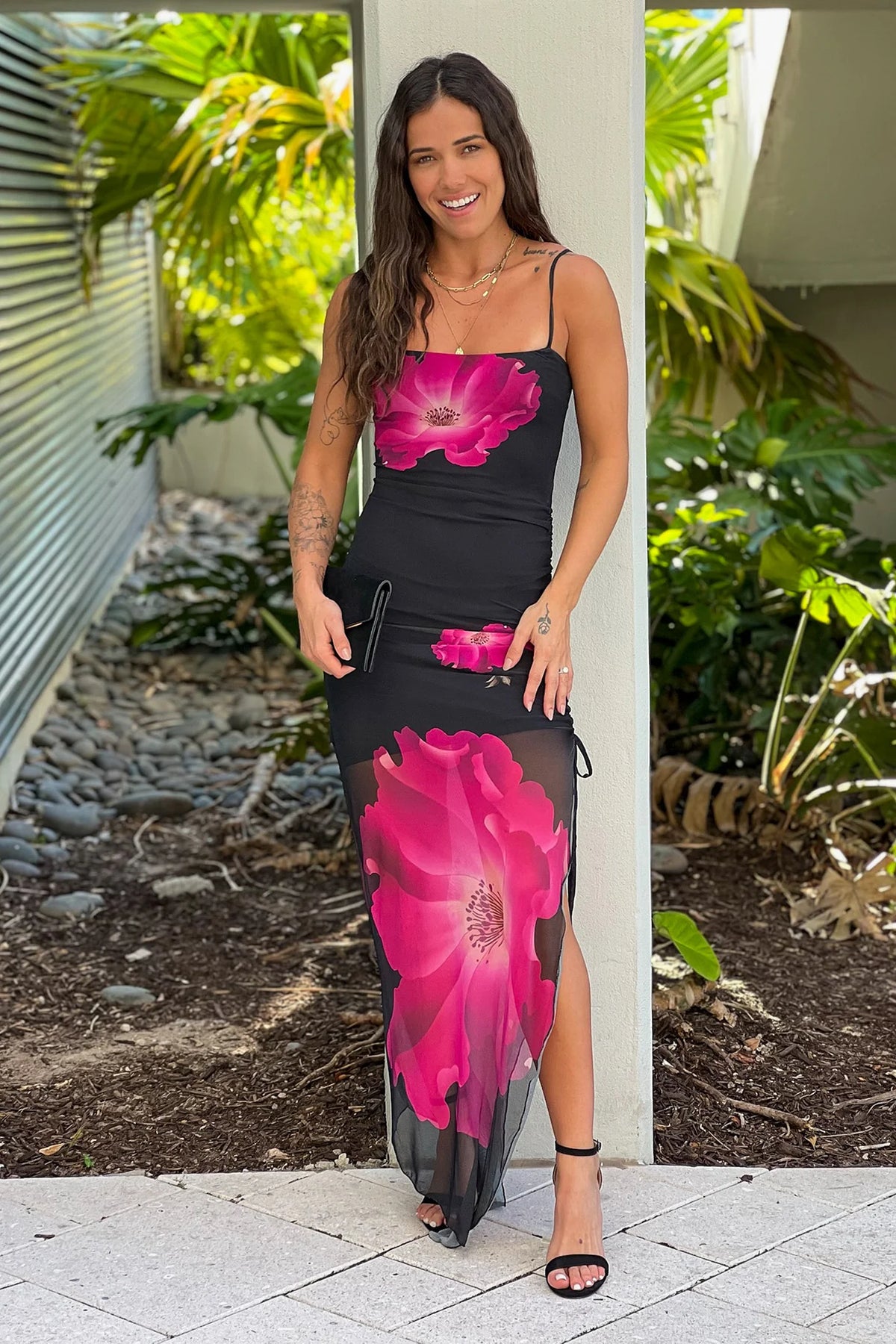 Black Printed Mesh Asymmetrical Dress