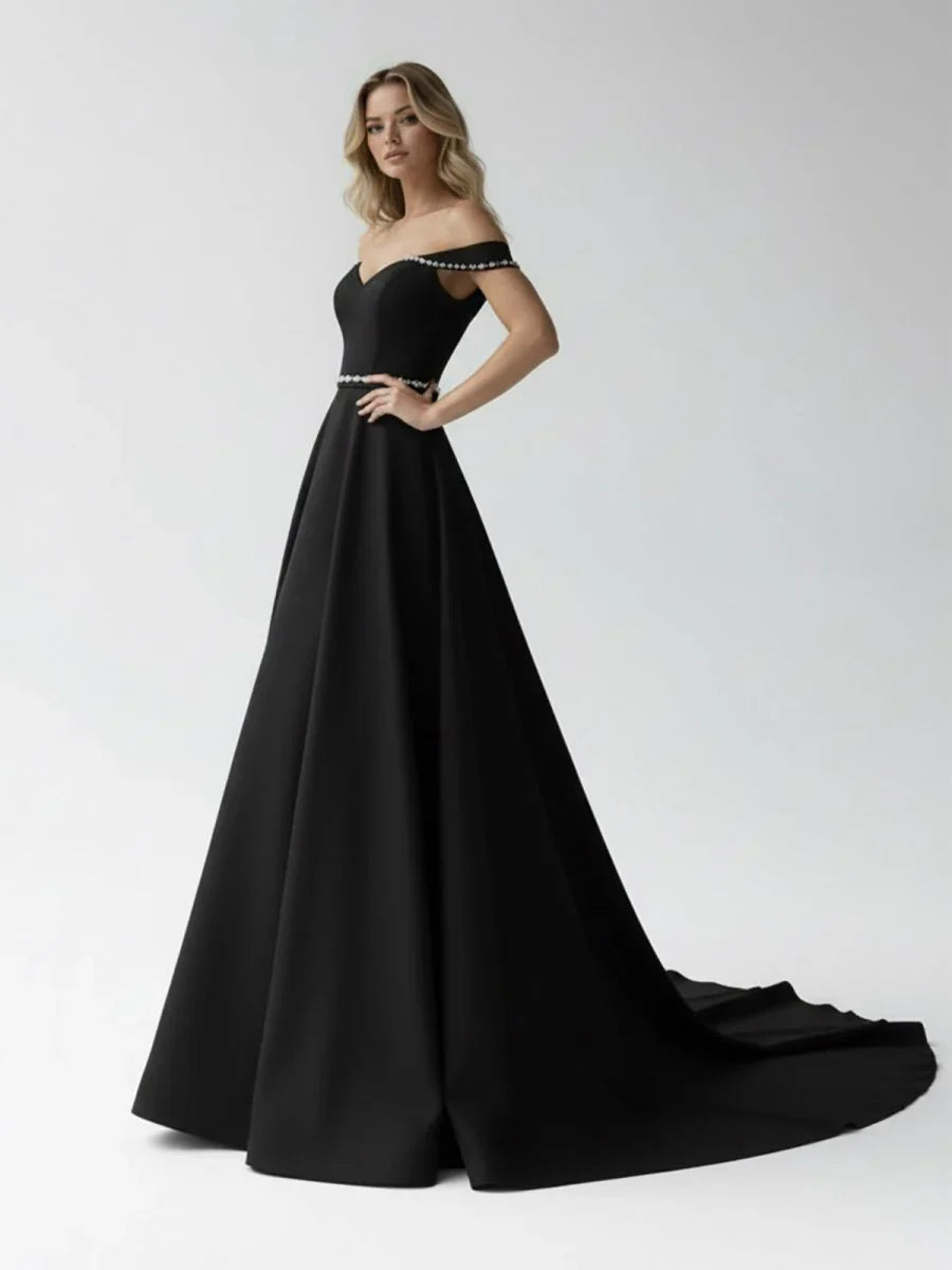 A Line Off the Shoulder Beaded Wedding Dress