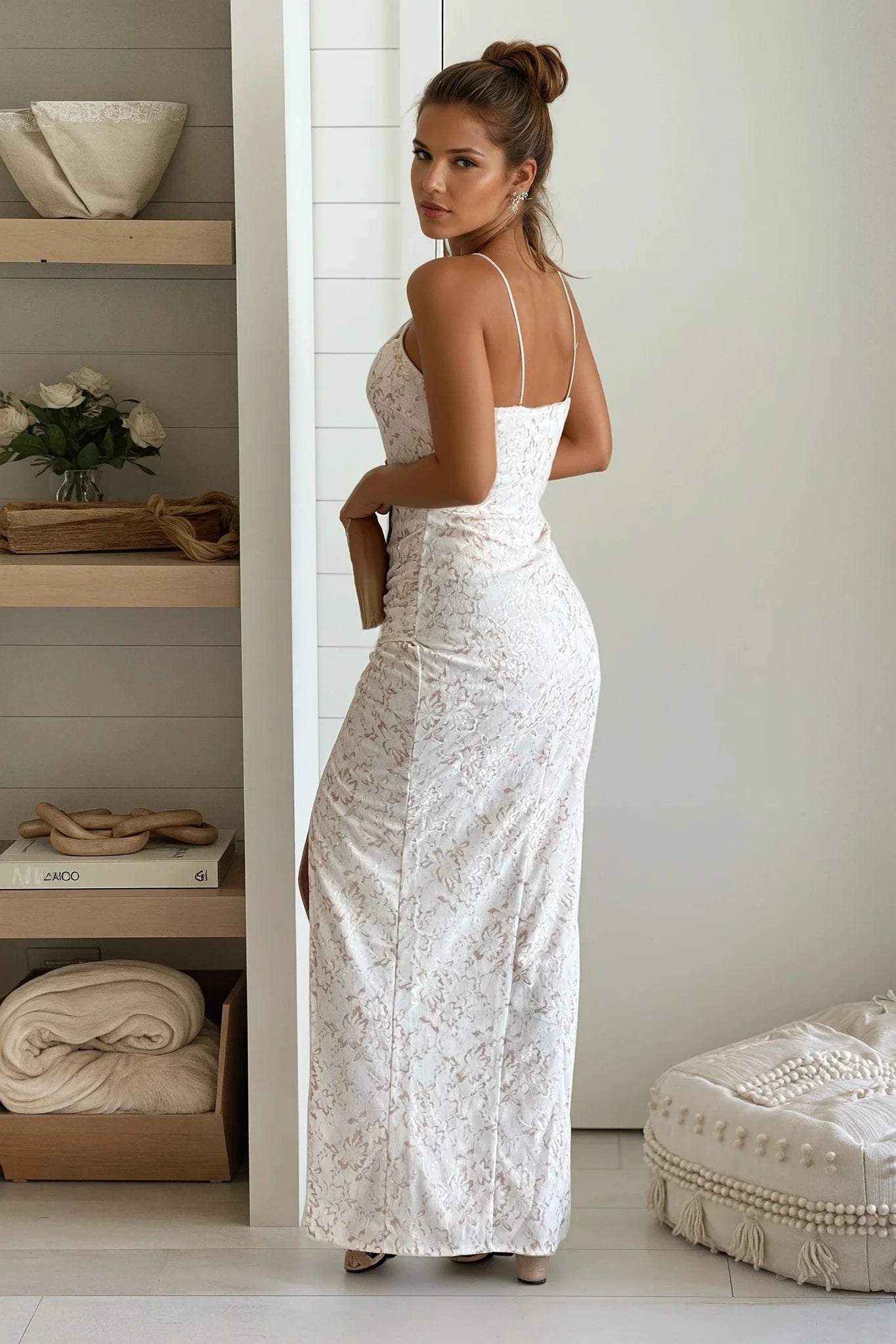 White And Gold Sequin Lace Front Overlap Maxi Dress