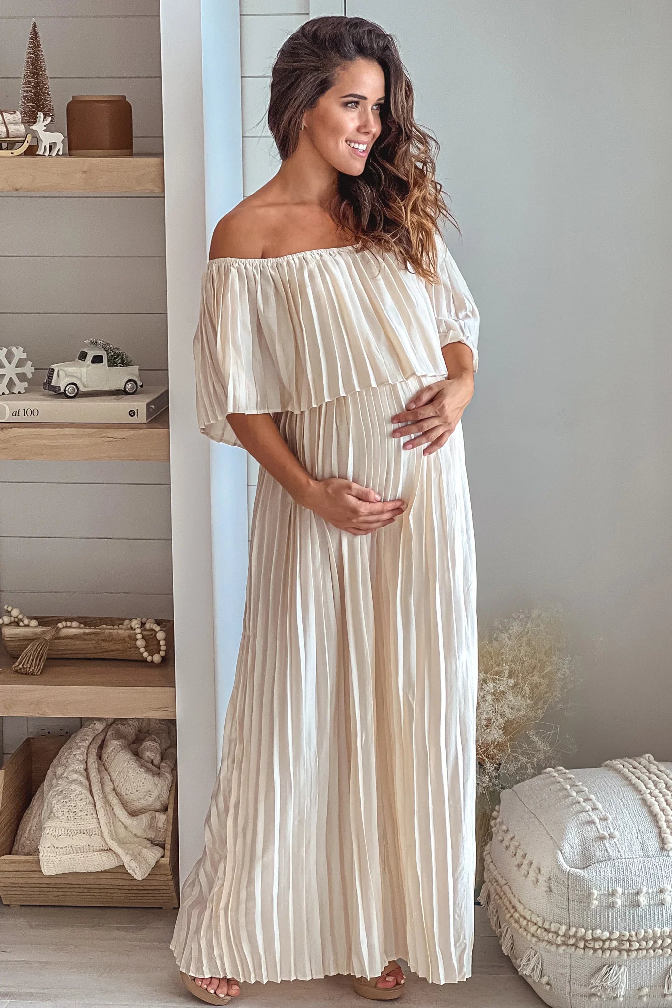 Champagne Pleated Satin Maternity Maxi Dress