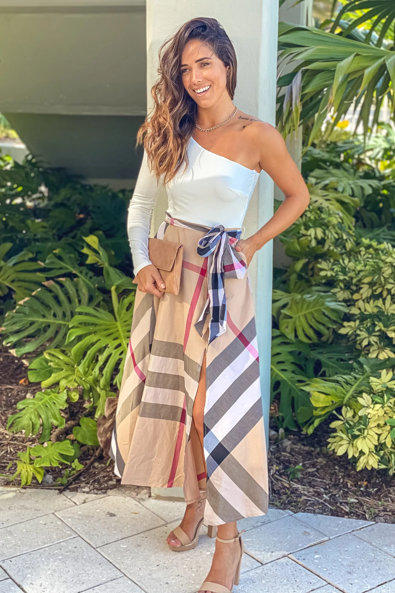White And Mocha Plaid Midi Dress