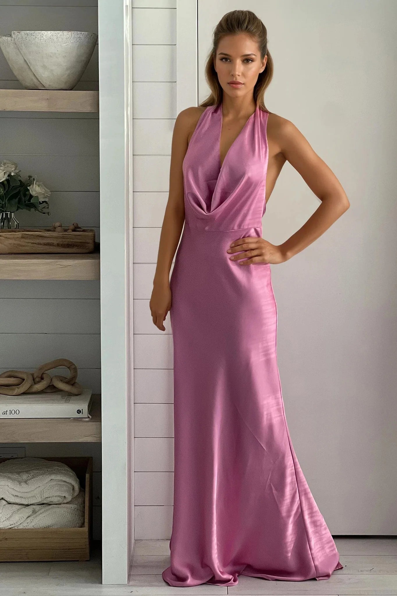 Orchid Satin Halter Maxi Dress