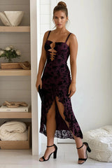 Burgundy Floral Cut Outs Ruffled Slit Dress