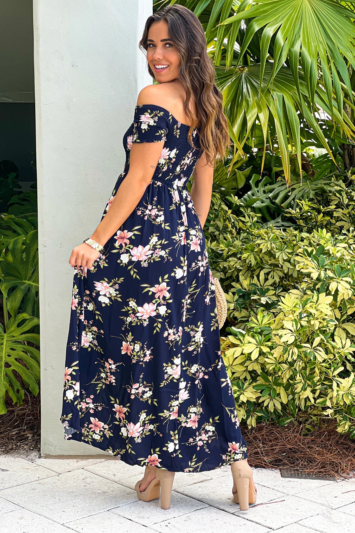 Navy Floral Smocked Top Off Shoulder High Low Dress