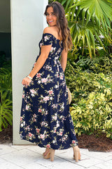 Navy Floral Smocked Top Off Shoulder High Low Dress