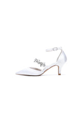 Crystal Strap Pointed Toe Satin Kitten Heels