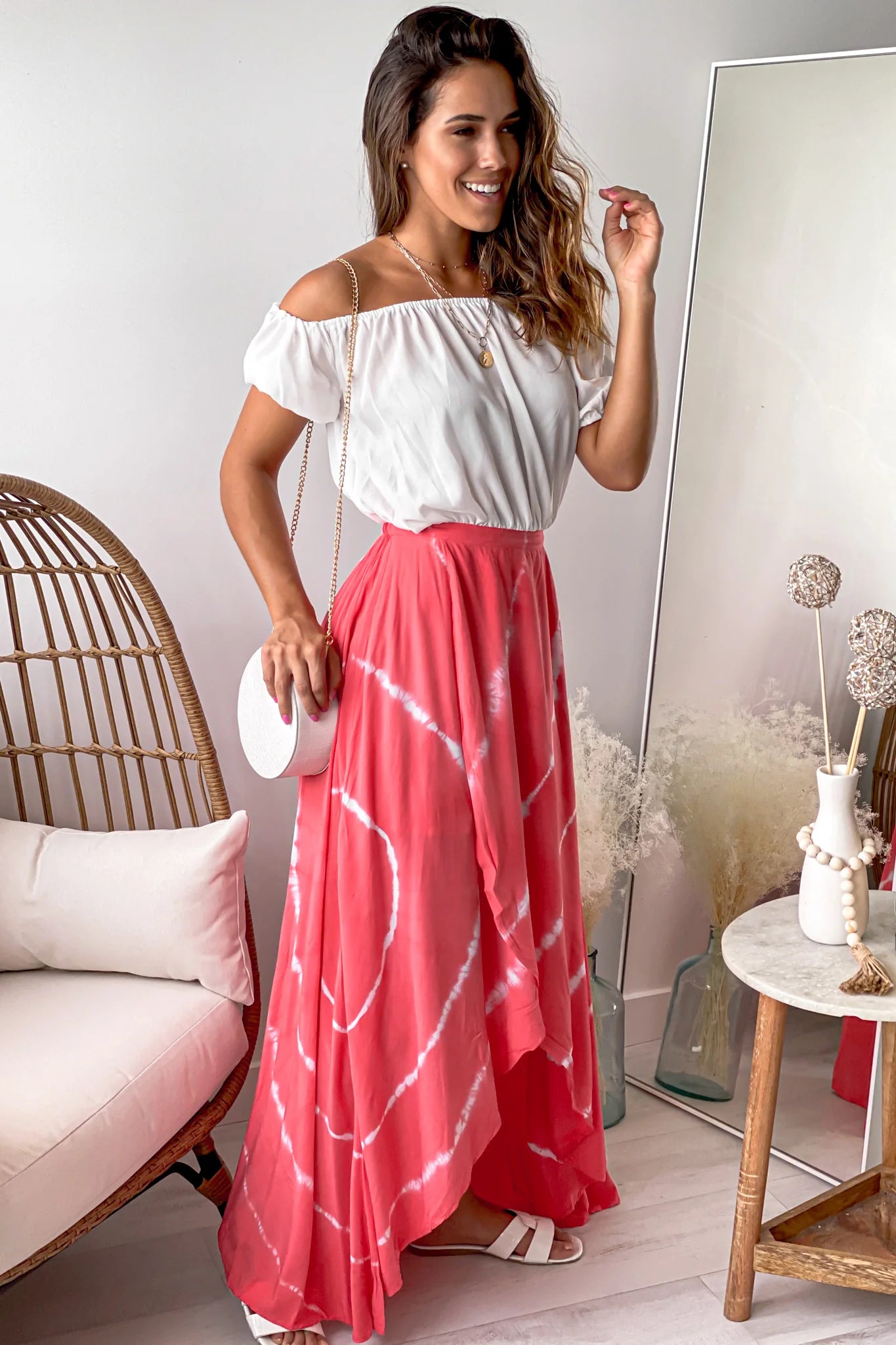 White And Coral Tie Dye High Low Dress