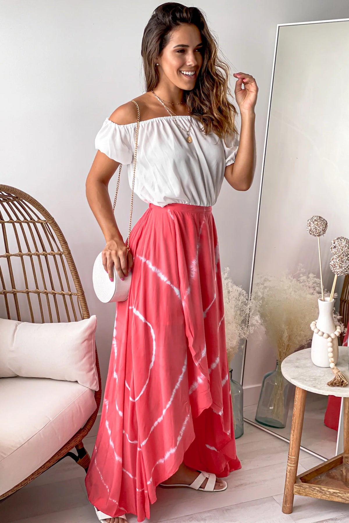 White And Coral Tie Dye High Low Dress