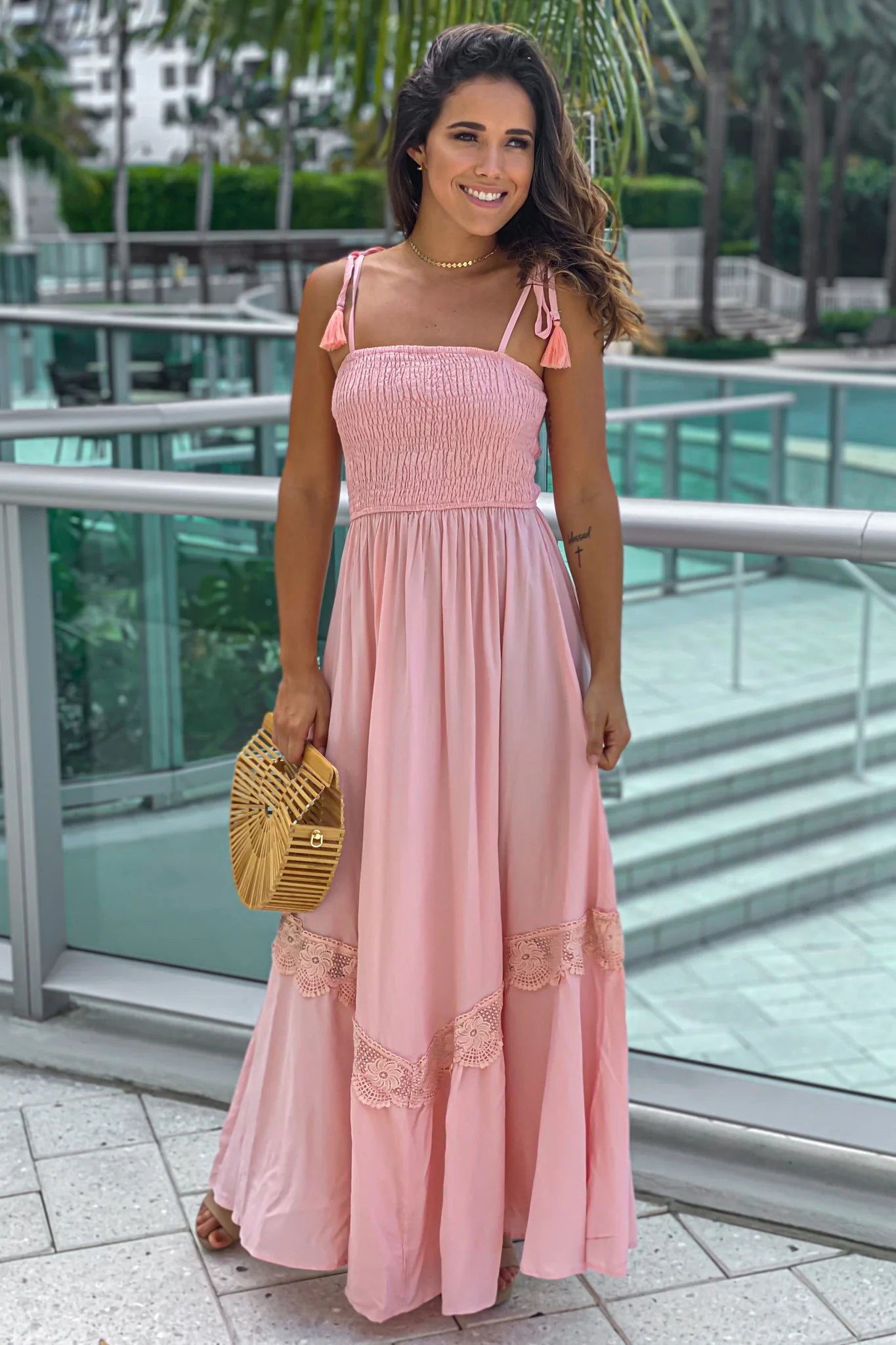 Blush Smocked Top Maxi Dress With Crochet Detail