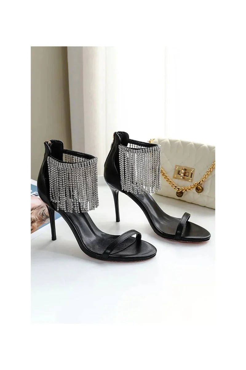 Black Rhinestone Thick High Heels