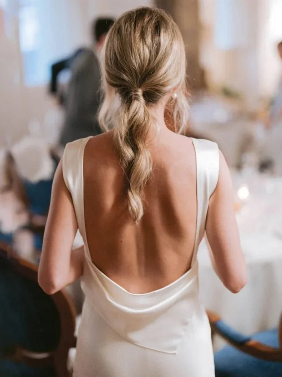 Sheath High Bateau Neck Backless Silk Satin Wedding Dress
