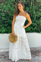 Off White Strapless Maxi Dress With Crochet Details