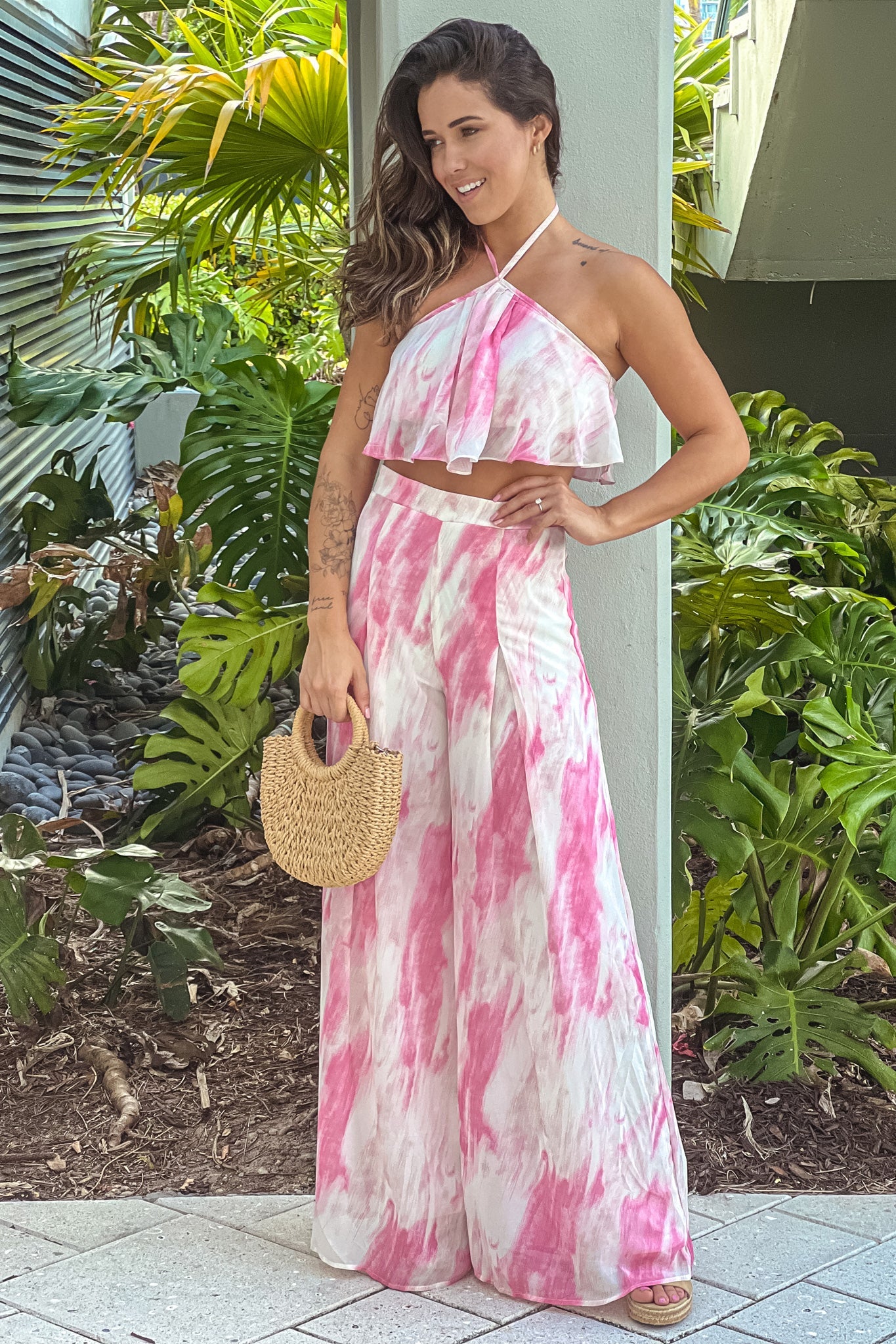 Pink Printed Palazzo Pants And Halter Top Set