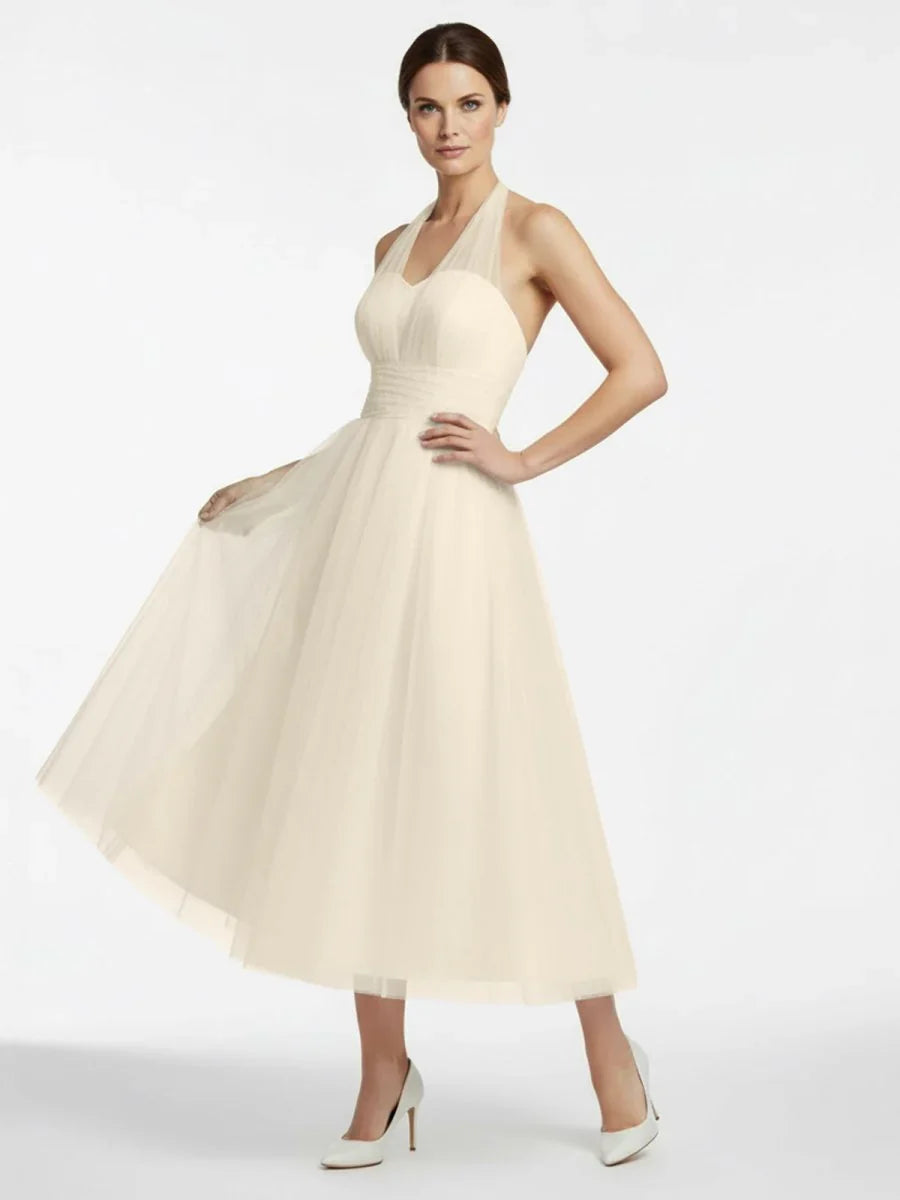 Halter A Line Tea Length Tulle Wedding Dress With Ruching