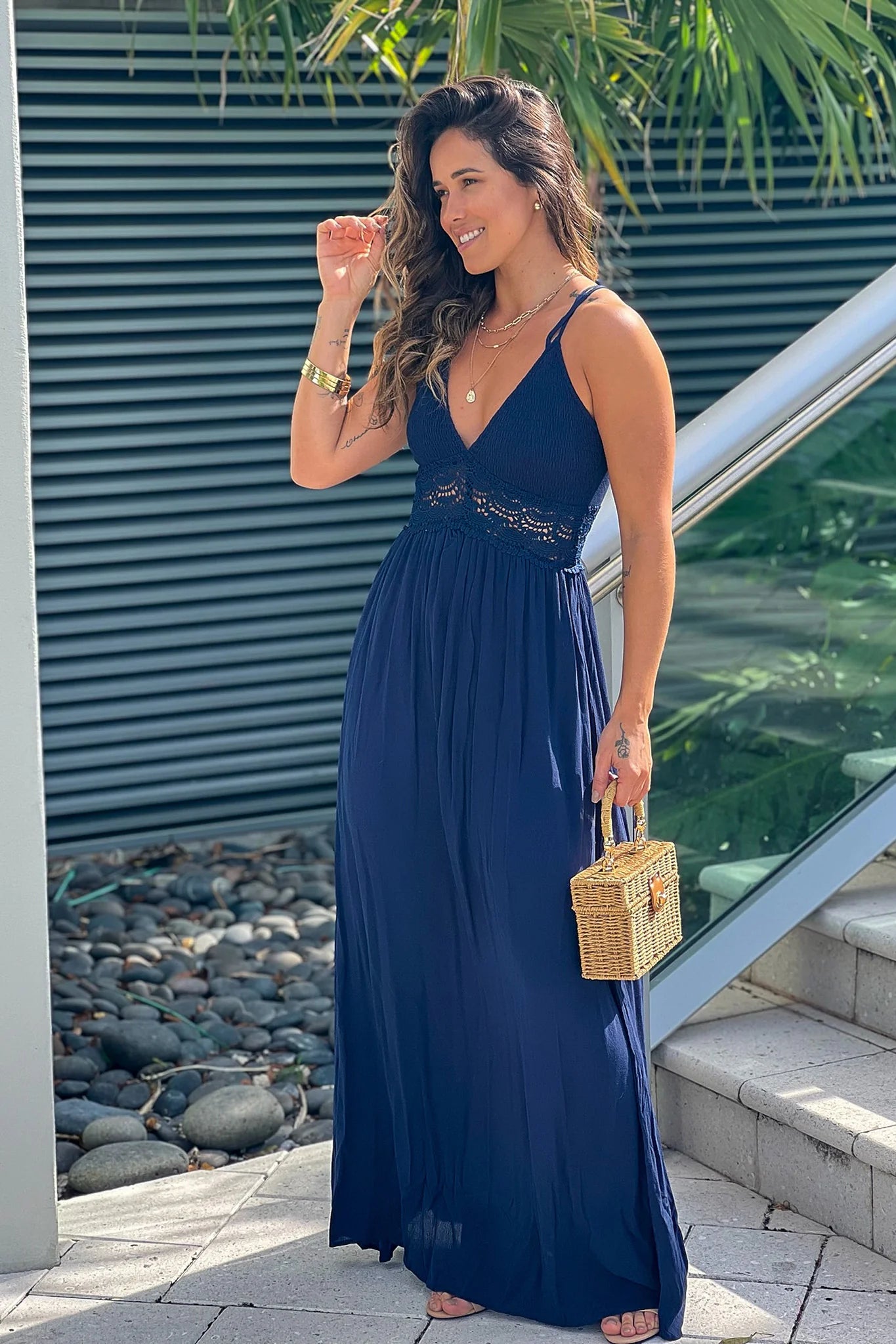 Navy Maxi Dress With Smocked Top And Crochet Detail
