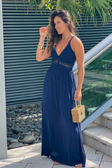 Navy Maxi Dress With Smocked Top And Crochet Detail