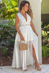 Off White Crochet V Neck Top Maxi Dress With Slit