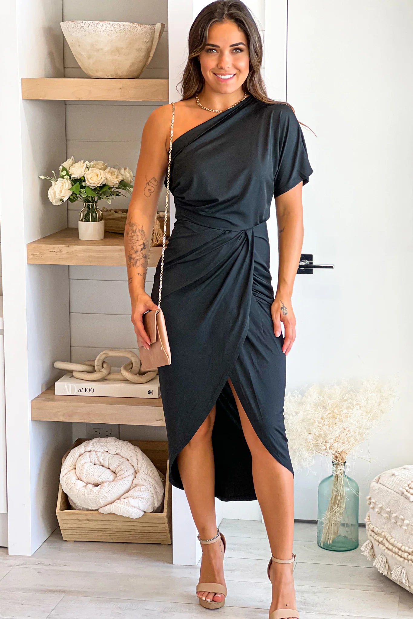 Black One Shoulder Midi Dress