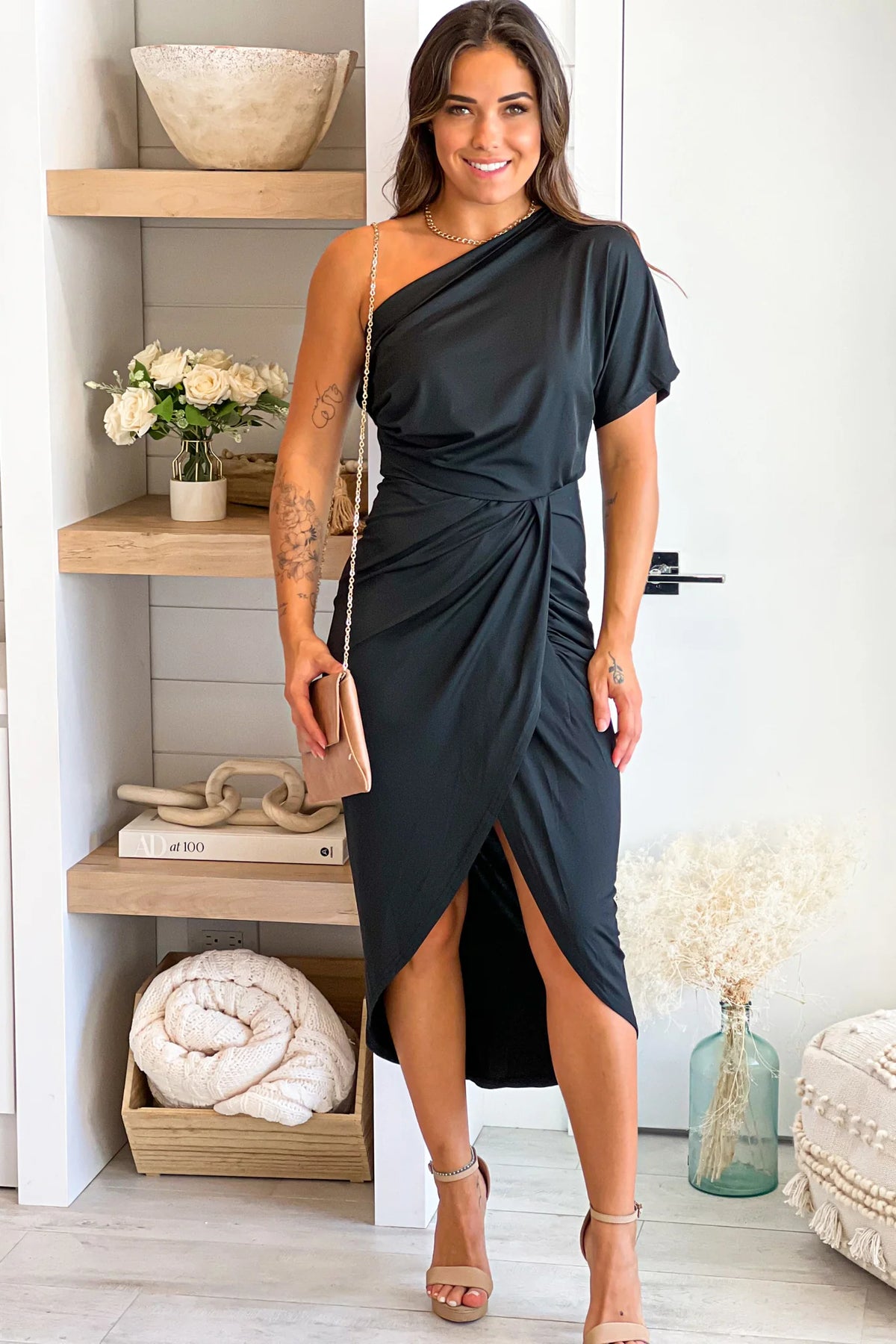 Black One Shoulder Midi Dress