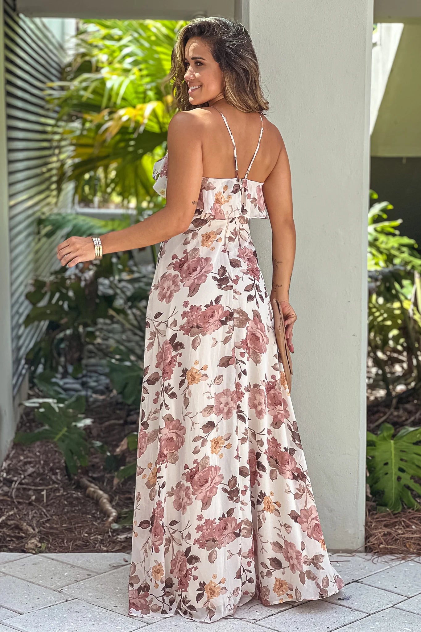 Mauve Floral Maxi Dress With Slit