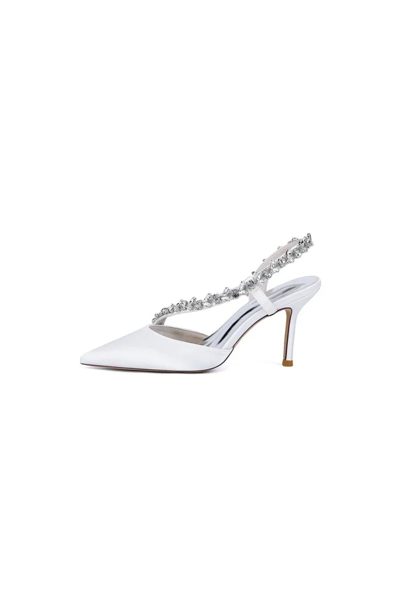 White Satin High Heels with Crystal Embellishments