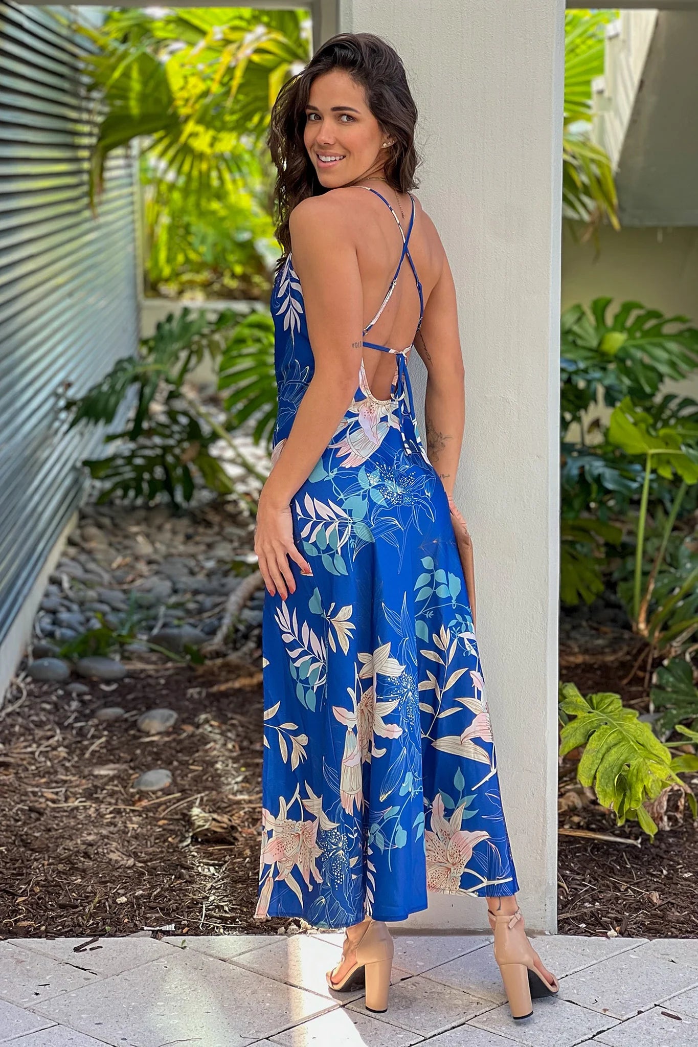 Navy Floral Satin Dress With Slit