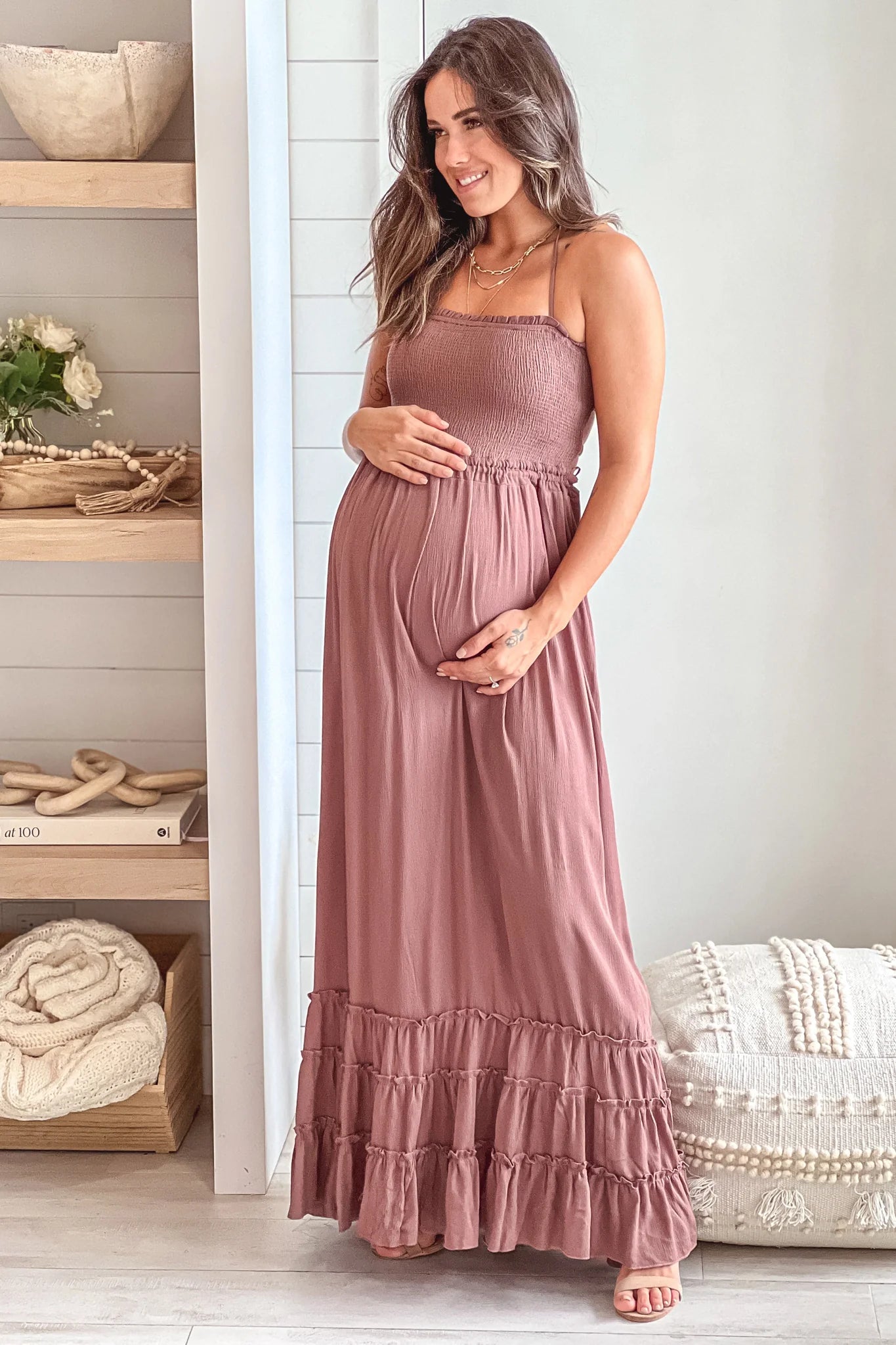 Mocha Maternity Maxi Dress With Smocked Top